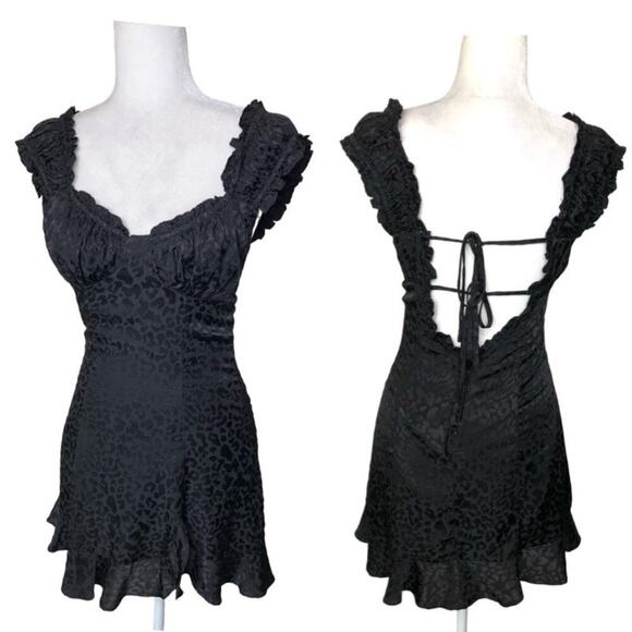 Reset Black Leopard Print Mini Dress Ruffle Sweetheart Neckline LBD Y2K 90 | S - Picture 1 of 14